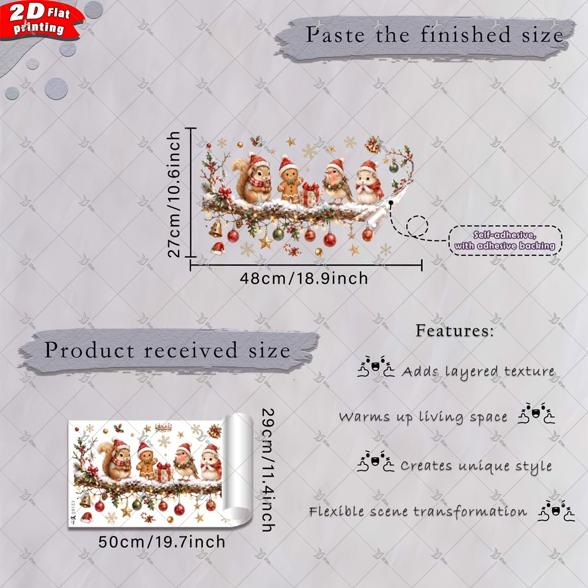 TEMU 2d Flat - 2d Flat - 1pc 2d Flat Printed Christmas Branch Squirrel Gingerbread Man Bird Hamster Window Sticker, Creative Self-adhesive Removable