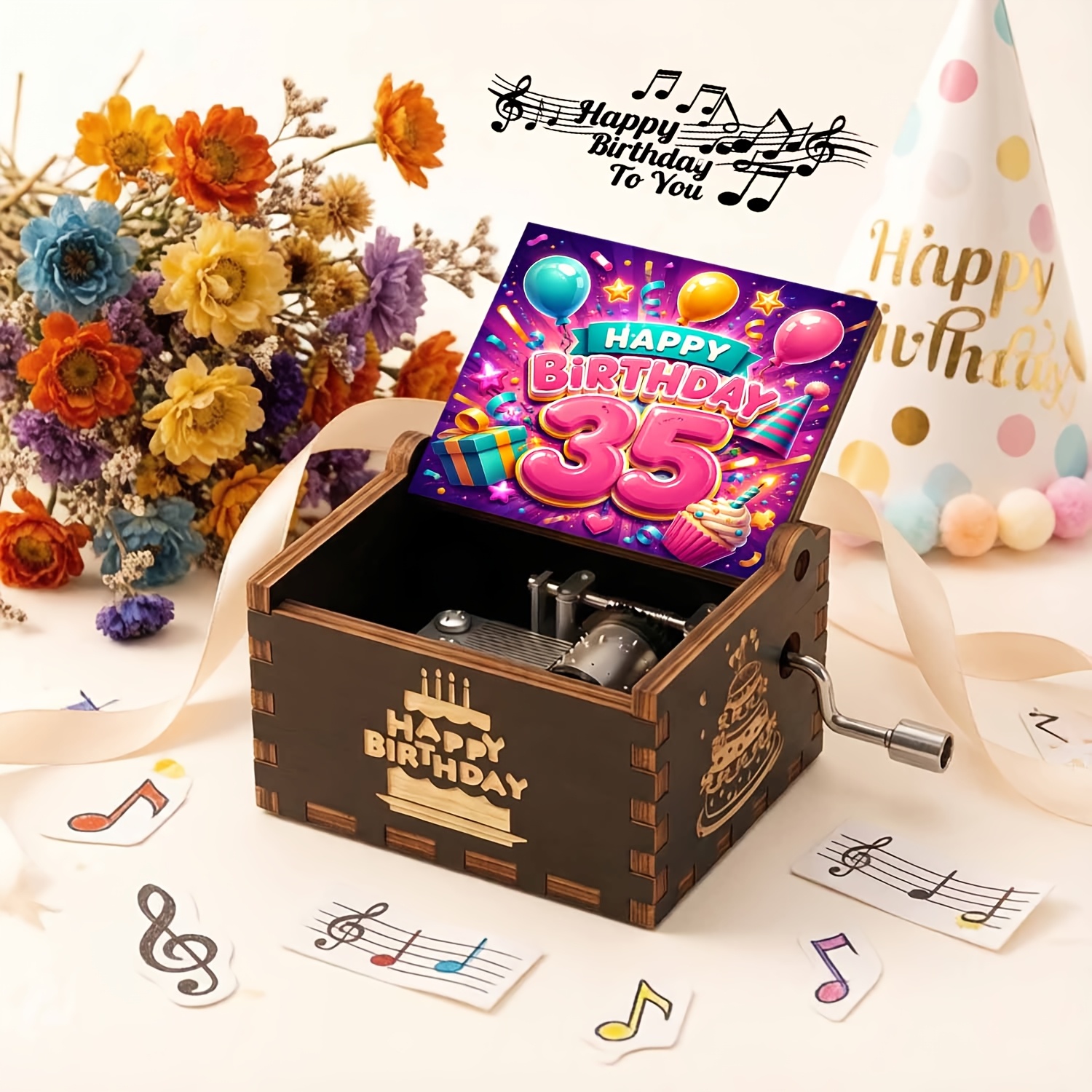 품목 사진 1개   생일 파티 장식 빈티지 나무 손으로 돌리는 뮤직 박스, 4가지 색상 옵션, 가족 및 친구를 위한 생일 선물, 아들 및 딸을 위한 완벽한 선물, 홈 데코 아이템, 뮤지컬 박스 & 피규어