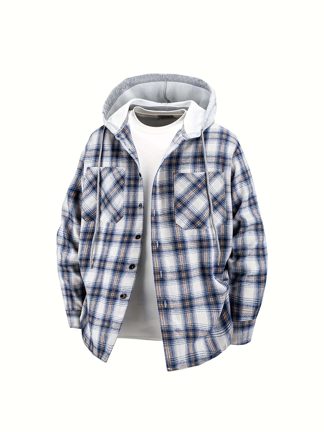 New Men'S Spring And Autumn Hooded Shirt Casual Jacket, Buttoned Plaid Top, Lightweight Outdoor Casual Sportswear for Men, Stylish Everyday Outfit with Pockets