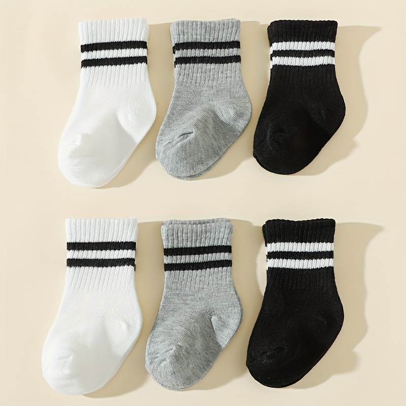 E-shop 6 Paar Ganzjahres-Kindersocken mit doppeltem Streifen in einfarbig, Schüler-Sport-Söckchen bis zur Wadenmitte