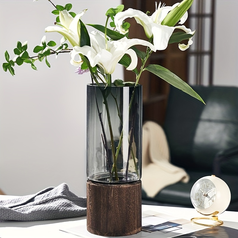 

1pc, Modern Glass Vase With Luxury Wooden Base, 10cm Diameter & 25cm Height, Contemporary Style Centerpiece For Living Room & Dining Table Decor, Chinese-inspired Display Accessory