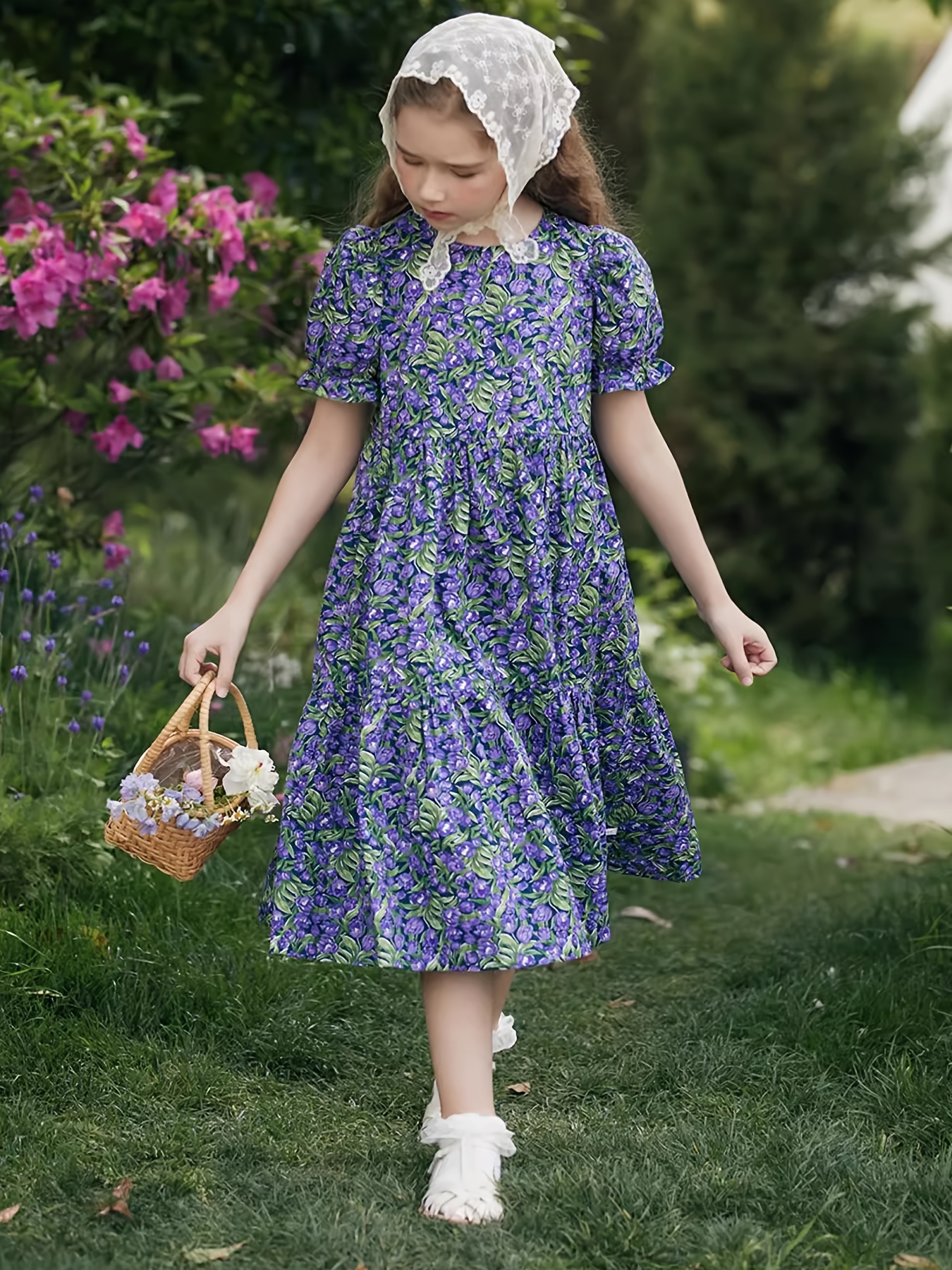 Vintage Elegant Girls Flora Dress Short Sleeve Dress Summer - Temu