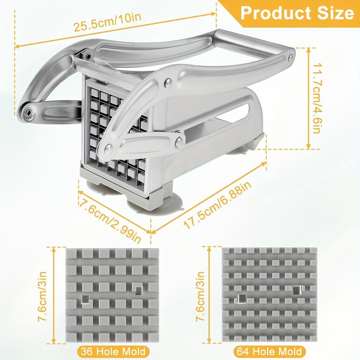a stainless steel professional french fry cutter with 2 blade   a french fry slicer a french fry cutter for pressing   and a multi functional vegetable and fruit slicer with 36 46 hole blade food   details 6