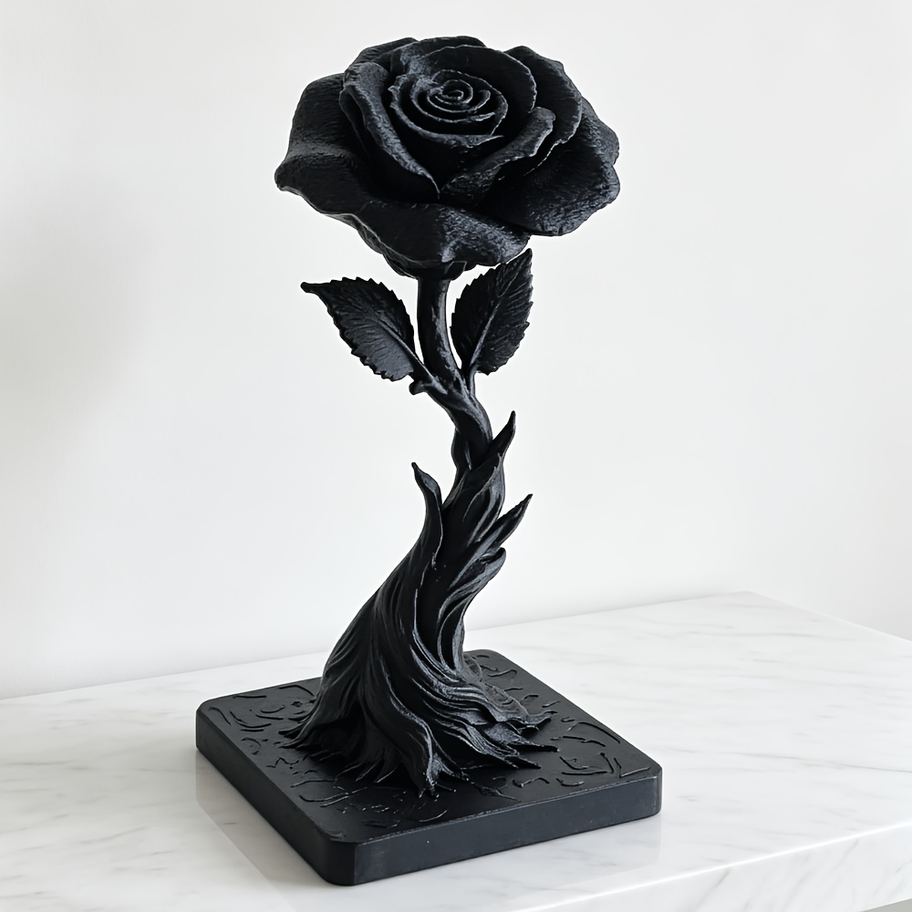 Dark -shaped Black Rose Ornament With Branch-like Stems | 3d Printed Gothic Style Desktop Decoration, Never-wilting Niche Art Flower