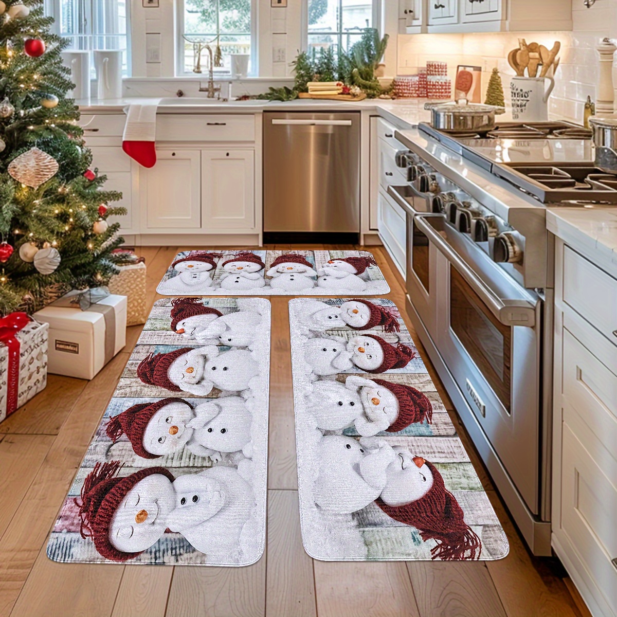 

2/3-piece Set Christmas Kitchen Rug, Snowman "" Design, Decor, Low Pile, Non-slip, Washable, Polyester, For Living Room, Dining Room, Bathroom, Entryway - Rectangular, Striped,