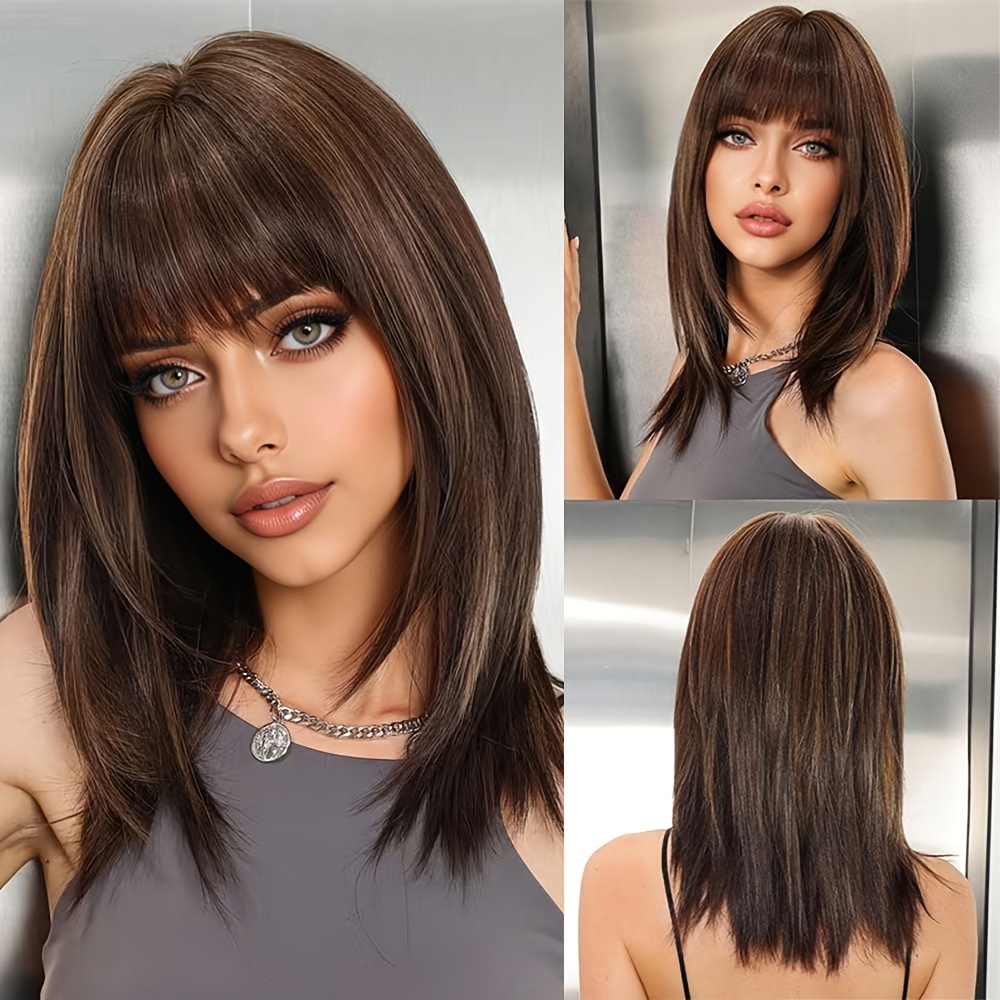TEMU Long Straight Wigs For Women With Bangs, Layered Synthetic Dark Brown With Highlights Colored Wigs For Women, For Daily Life, Party, Cosplay &