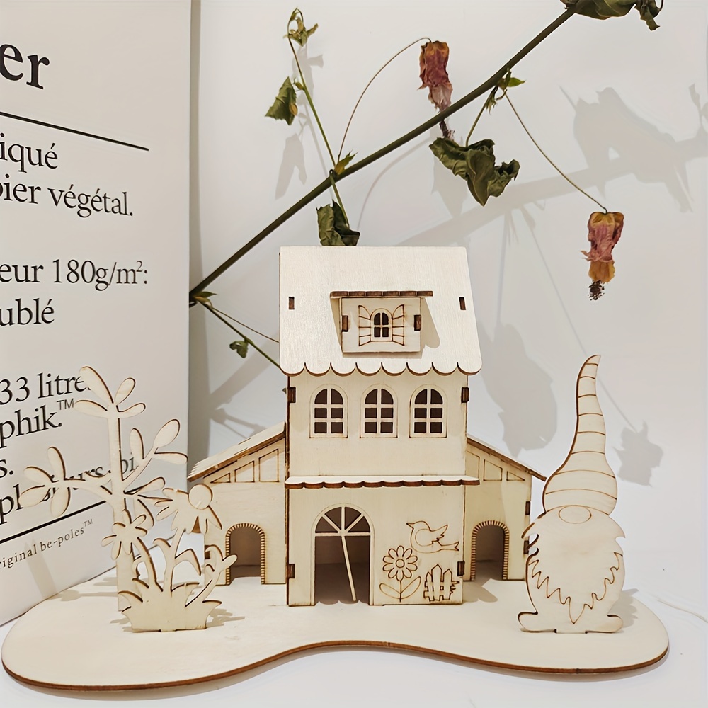 

Charming Cartoon Wooden House Diy Kit: Laser-cut Wooden Puzzle Set For Handicraft Enthusiasts - 3d Creative Wooden Crafts - Unpainted Wood Material - Light Yellow Color