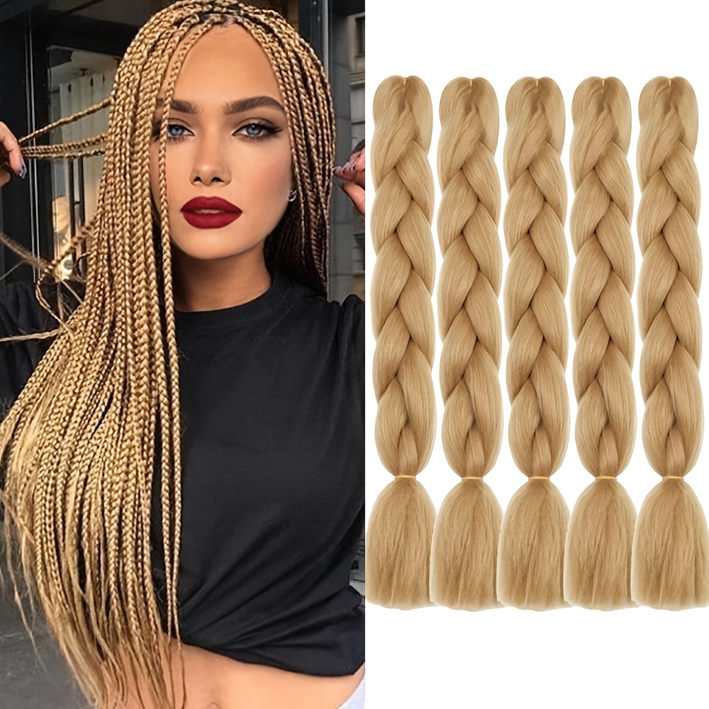 TEMU Extensions de cheveux à blond foncé 5 pièces/500g, 24", jumbo synthétiques à crocheter, africaines en boîte, résistantes à la chaleur, adaptées