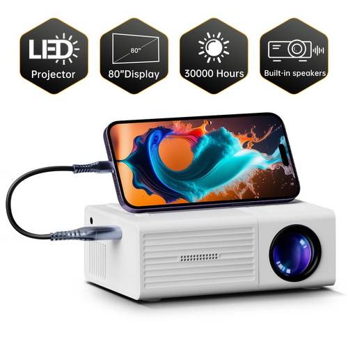 portable projector supporting 1080p usb connection remote control compatible with smartphones tablets laptops tv sticks and usb drives desktop installation lcd display screen power supply button control hdtv input