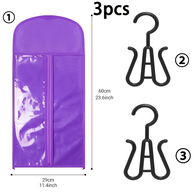 3pcs Wig Storage Bag Set, Suitable For Wig Storage And Organization. Includes 1 Bag Measuring Over 60cm And 2 Wig Hangers, An Essential Tool For Wig Storage