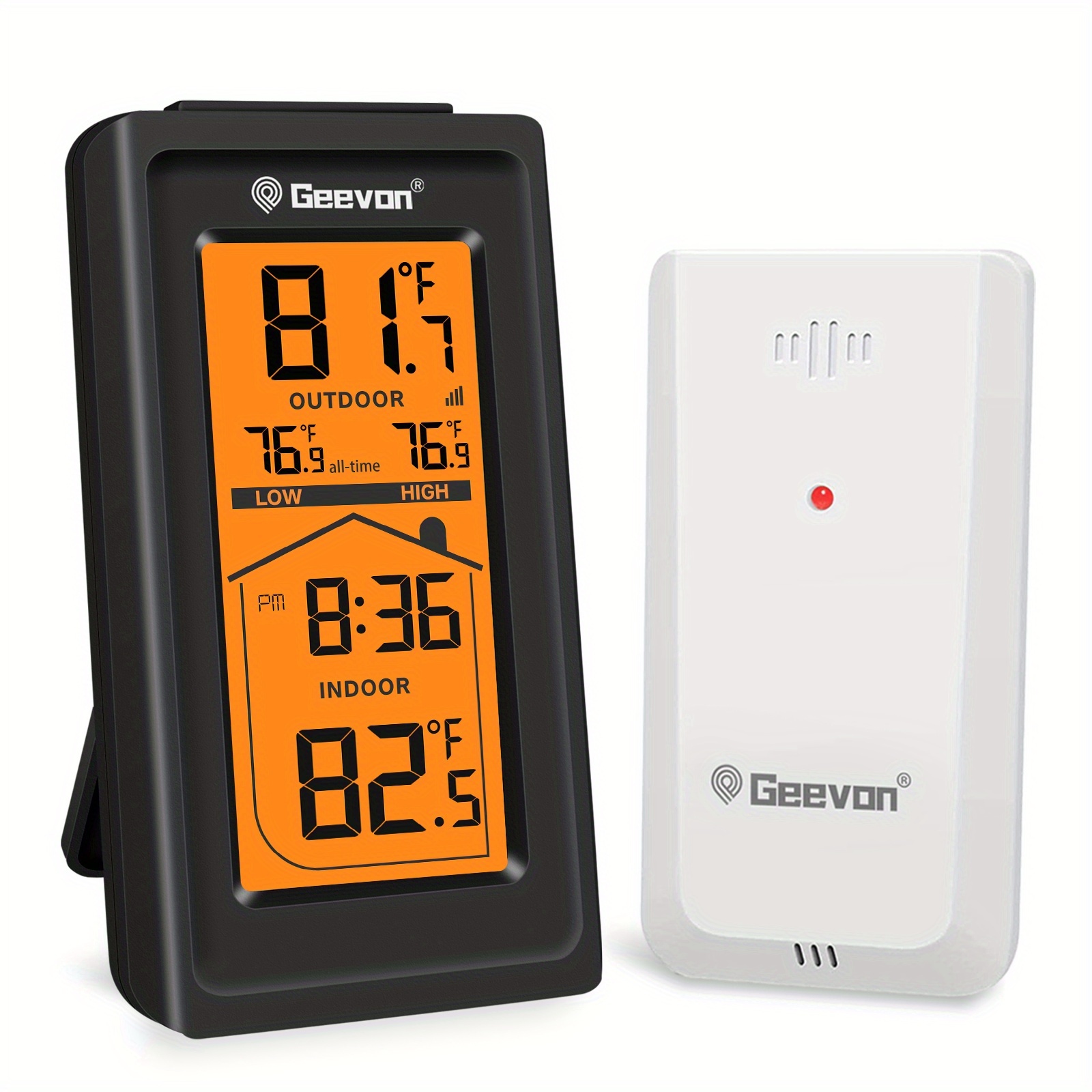 Geevon Indoor And Outdoor Thermometer Wireless Digital Thermometer With Time, High, Low, 200ft/60m Range Temperature Monitor Room Thermometer (without Battery)
