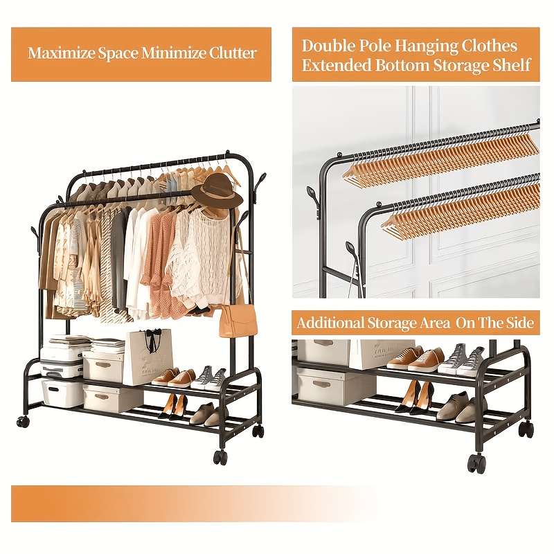 Durable Metal Hanger With Double Poles And Wheels, Equipped With Shelves And Hooks, A Multifunctional Wardrobe Solution Suitable For Independent Metal Hangers In Bedrooms, Laundry Rooms, And Living Rooms.