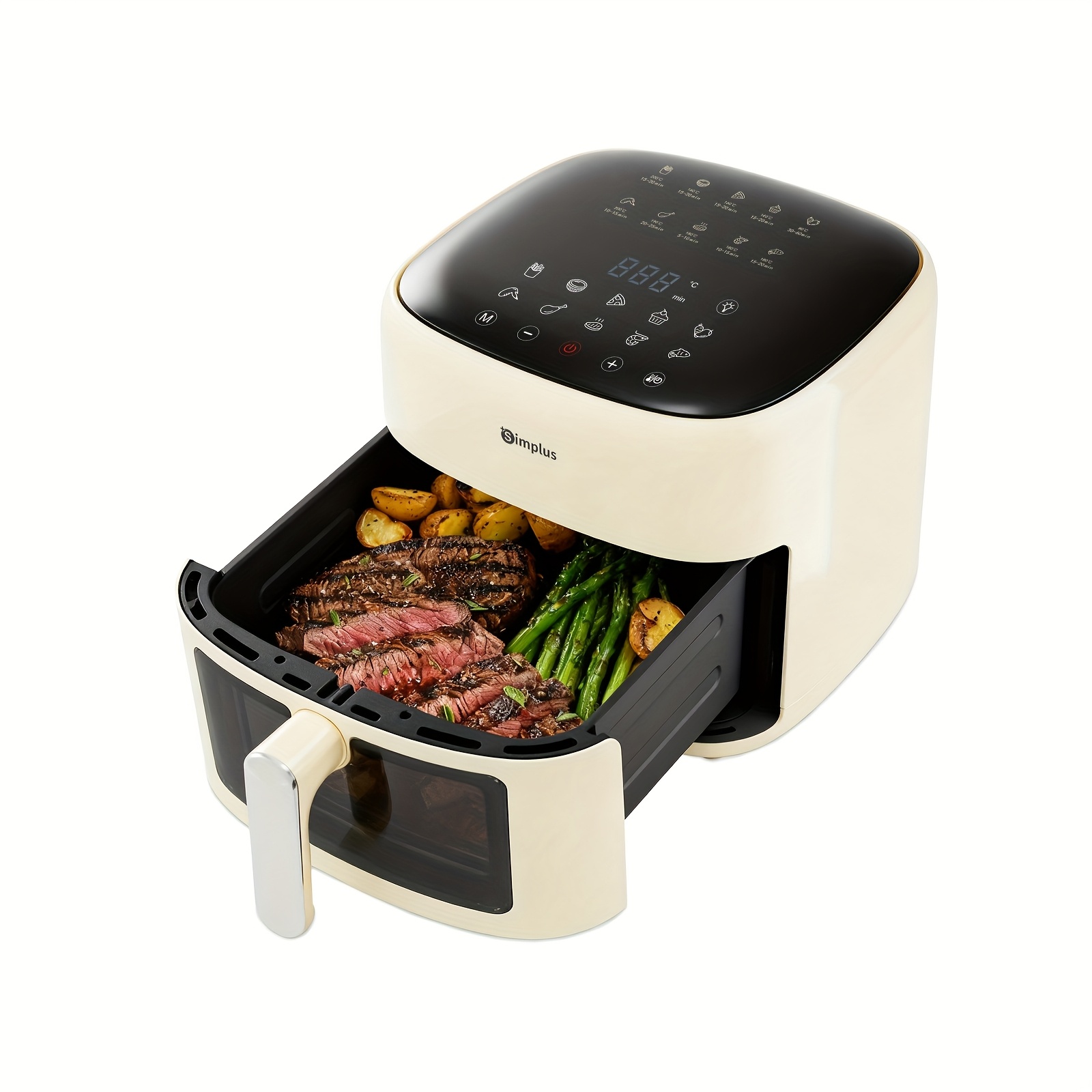 The Simplus Air Fryer Has A Spacious 6.5l Capacity, Suitable For 5 To 8 Individuals. Compact For And Features A Window Along With Holographic Lcd Touch Screen For Use. It With 10 Pre