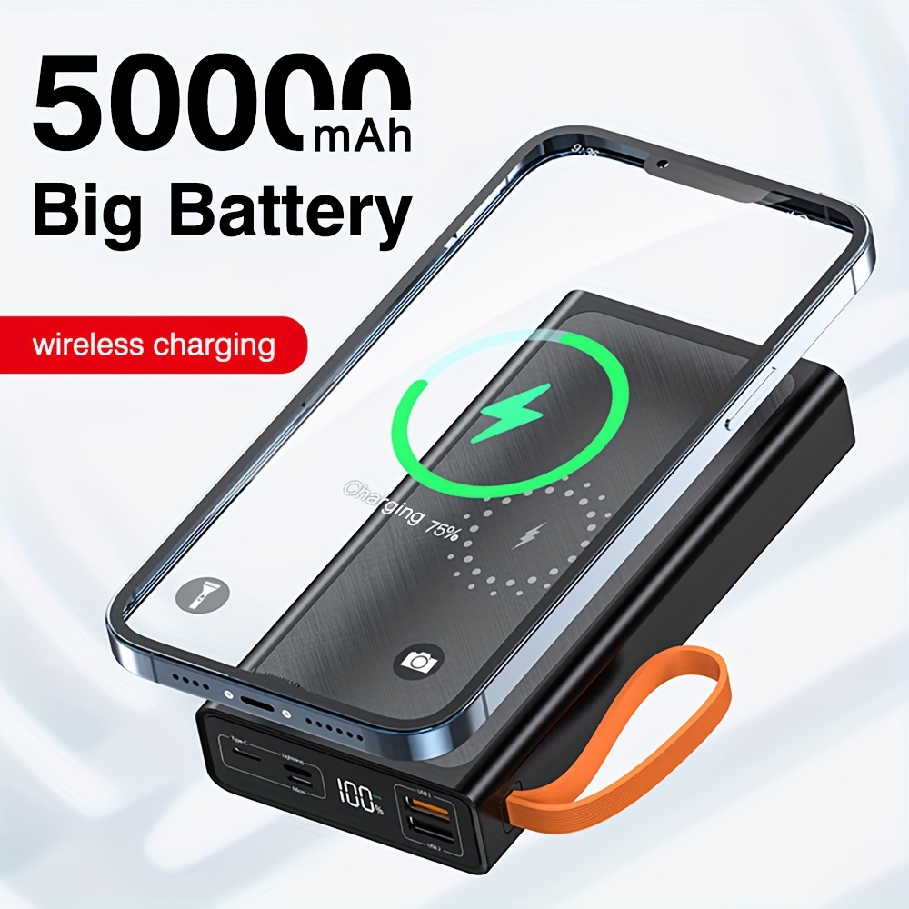 

50000mah Charging Wireless Power Bank, With Long-, Rechargeable, Usb-c, Suitable For Travel, Sea Fishing, Hiking