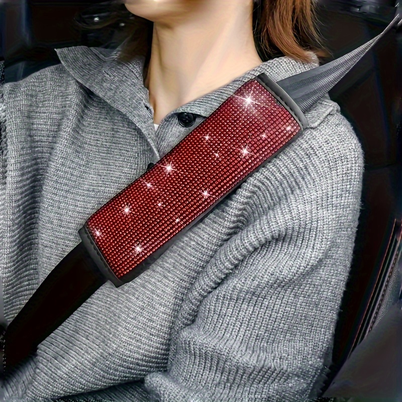 2 PCS Bling Car Seat Belt Covers - Sparkly Leather Shoulder Pads With Rhinestones, Universal Fit (Black)