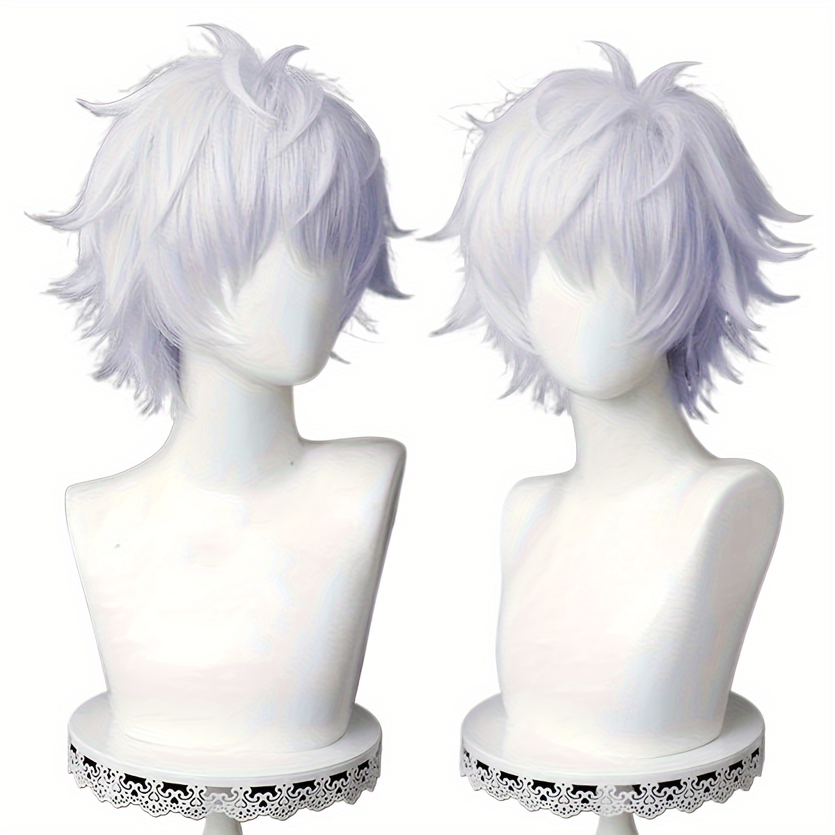 

Funky Anime Cosplay Wig: Short Layered Silver Heat Resistant Synthetic Hair Wig For Men - Perfect For Anime Party Costumes