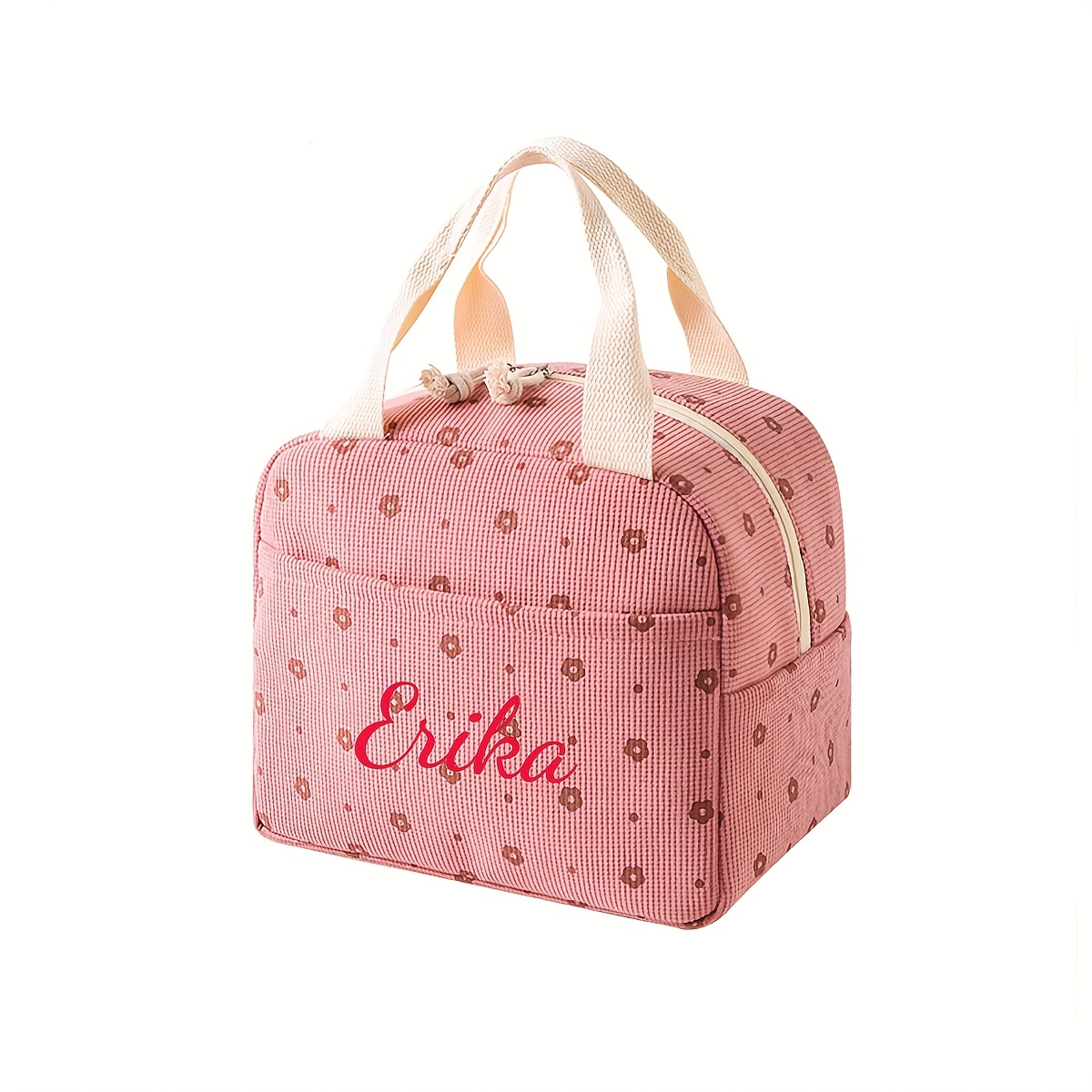 TEMU Embroidered Custom Corduroy Lunch Bag For Women Men, Solid Color Insulated Lunch Tote Bag, Reusable Leak-proof Lunch Box Small Leakproof Lunch