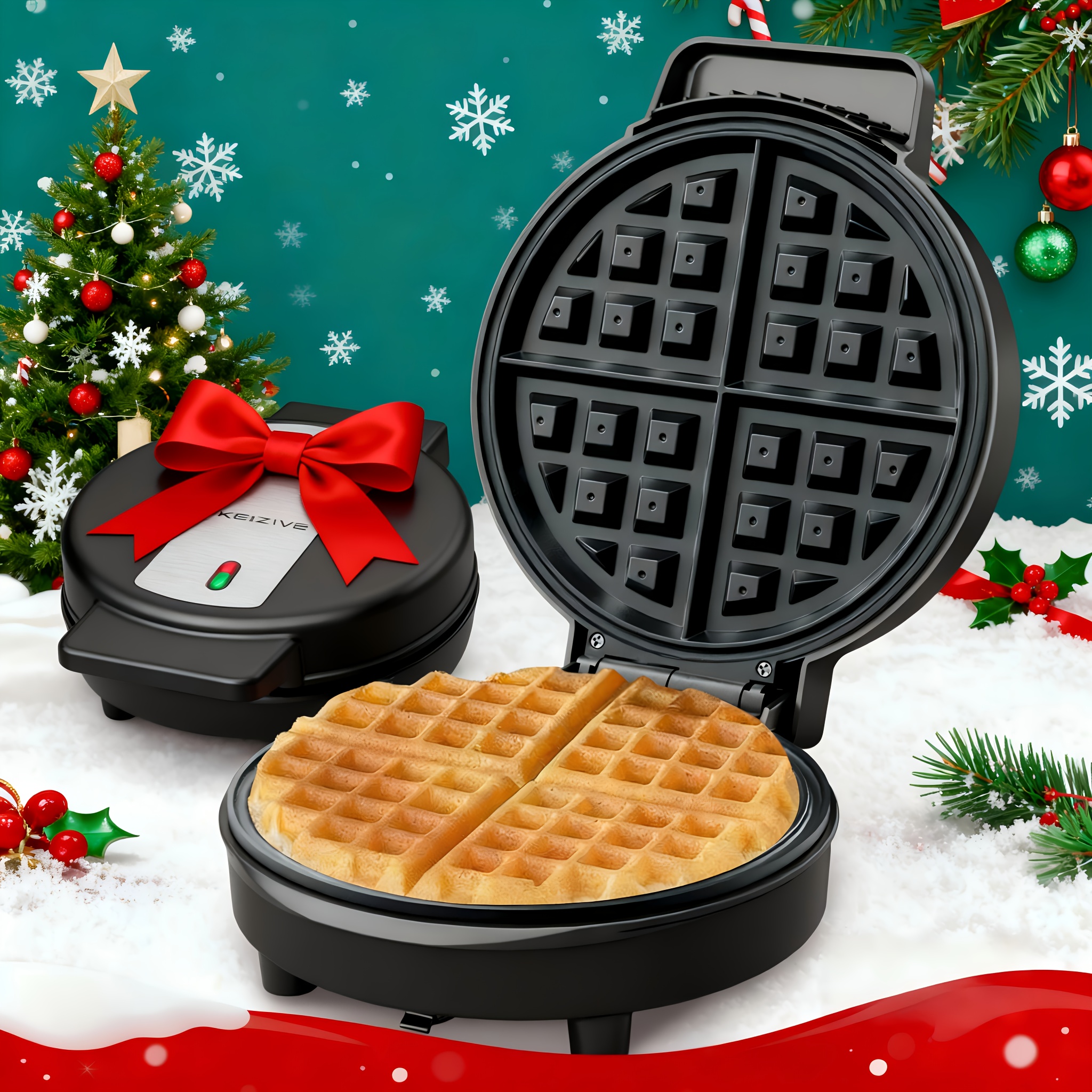 TEMU 8-inch 1000w Waffle Maker, 4- Classic Belgian, Removable Plates, Quick Heating, Perfect For Breakfast, Family & Kitchen Use, Christmas Gift