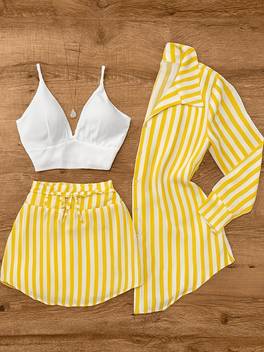 women yellow white striped 3pcs outfits deep v cami top high waist drawstring skirt striped long sleeve shirt matching set multi scene wear multiple ways to wear
