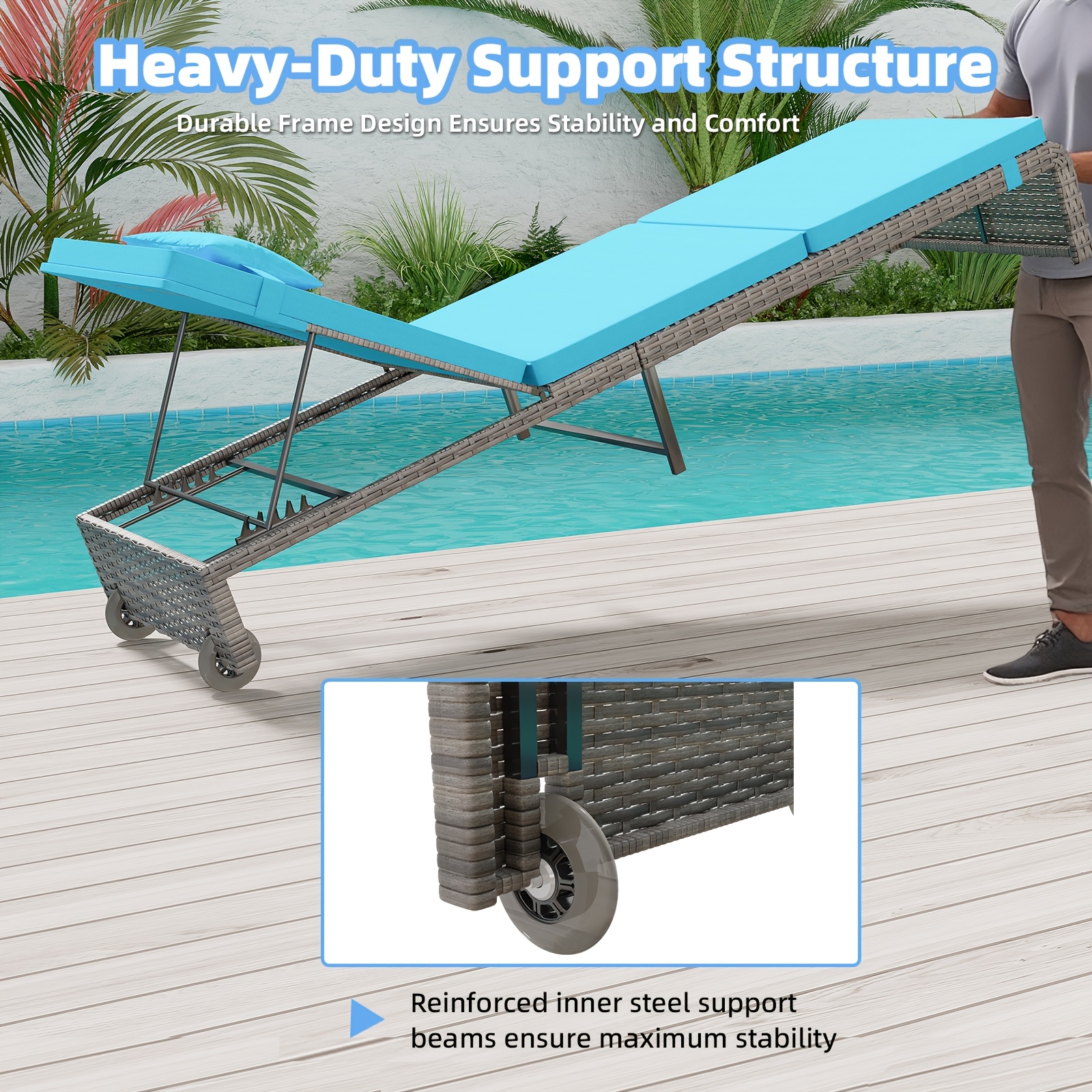 Lounge Chair Set, 3pcs Outdoor Modern Patio Furniture Lounge Chairs Set of 2 with Adjustable Backrest And Side Table, Durable PE Wicker, Weather Resistant Cushions, Blue