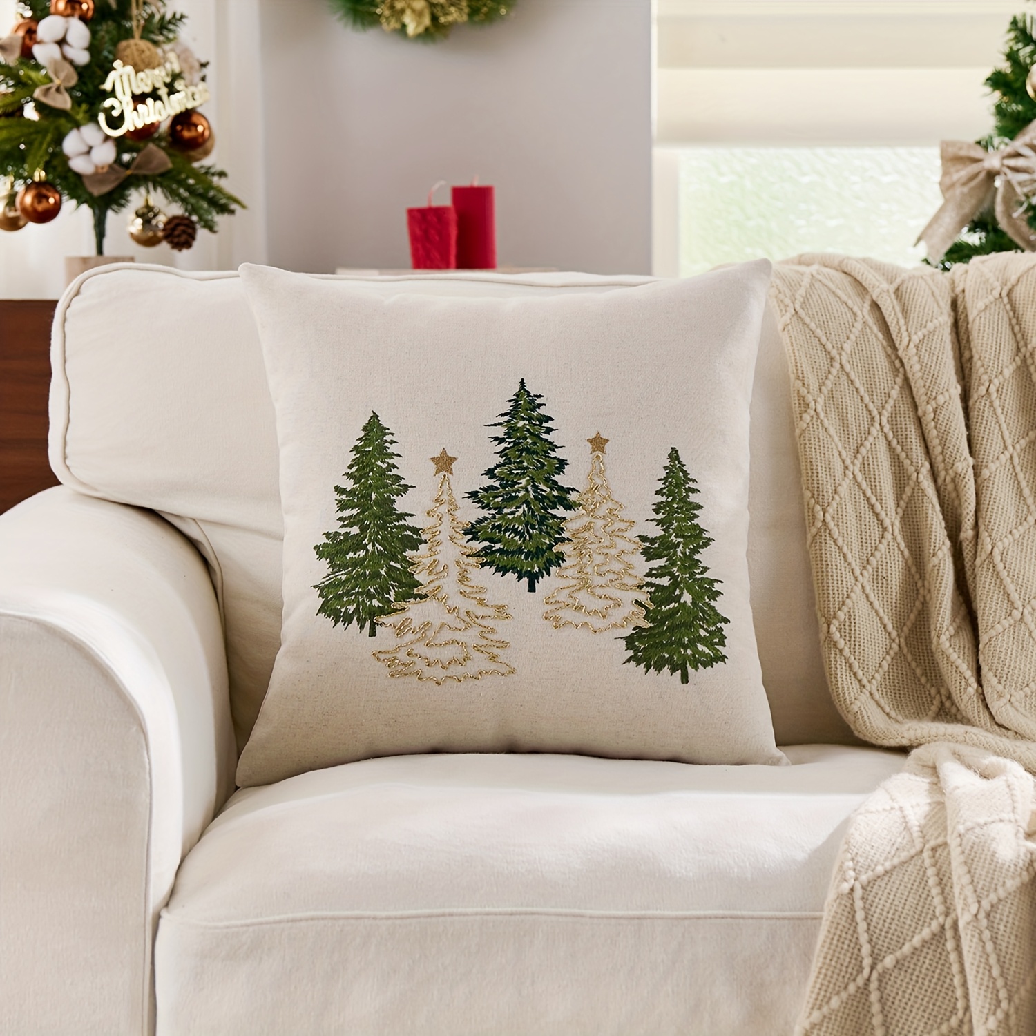 TEMU 1 pz, Natalizia in Lino , Fodere per Cuscini Decorativi con Alberi di Natale, su un Solo , Adatta per , Soggiorno, Camera da Letto, Decorazione