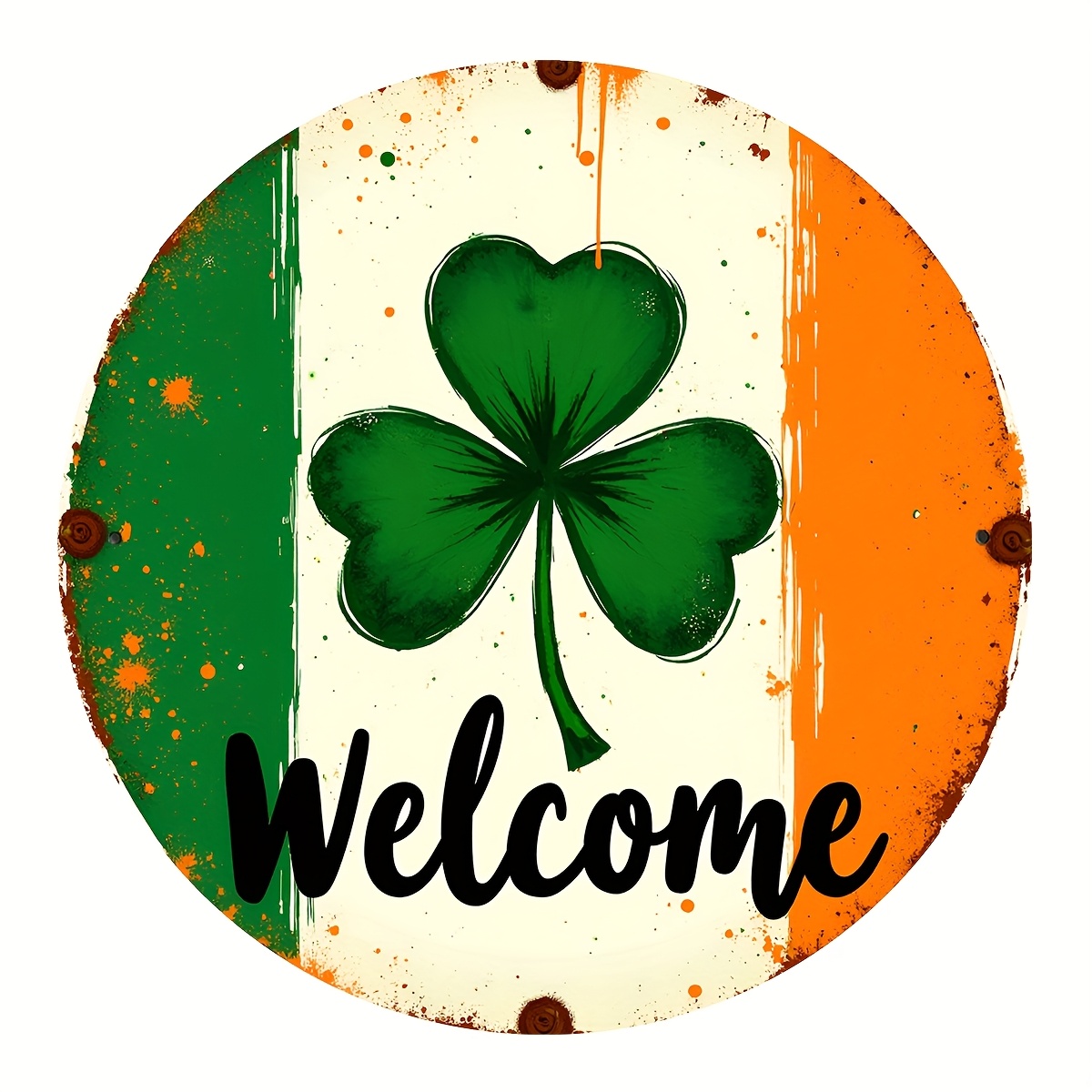TEMU 2d Flat - 1pc Of Vintage Irish Flag And Shamrock Welcome Metal Wall Art - Rustic Aluminum Sign Featuring 'welcome' Text, Design, Sturdy For