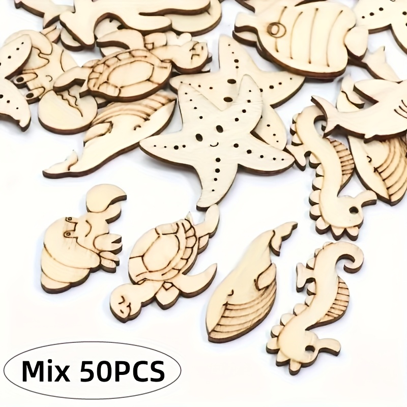 TEMU Pack Of 50 Wood Sea Animal Shapes - Unpainted Silhouette Blanks Suitable For Diy Crafts, Marine-themed Party Decorations, For Halloween,