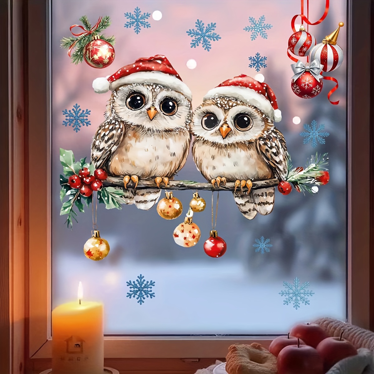 TEMU 1pc Reusable Static Cling Pvc Christmas Owl Window Sticker - Glossy Snowflake & Bauble Door/wall Decal, No Residue Removable For, Mirrors, -