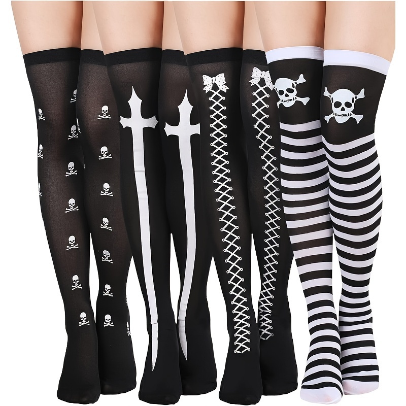 4 Halloween dolgih nogavic do stegen, nadkolenke, cosplay nogavice z lobanjami