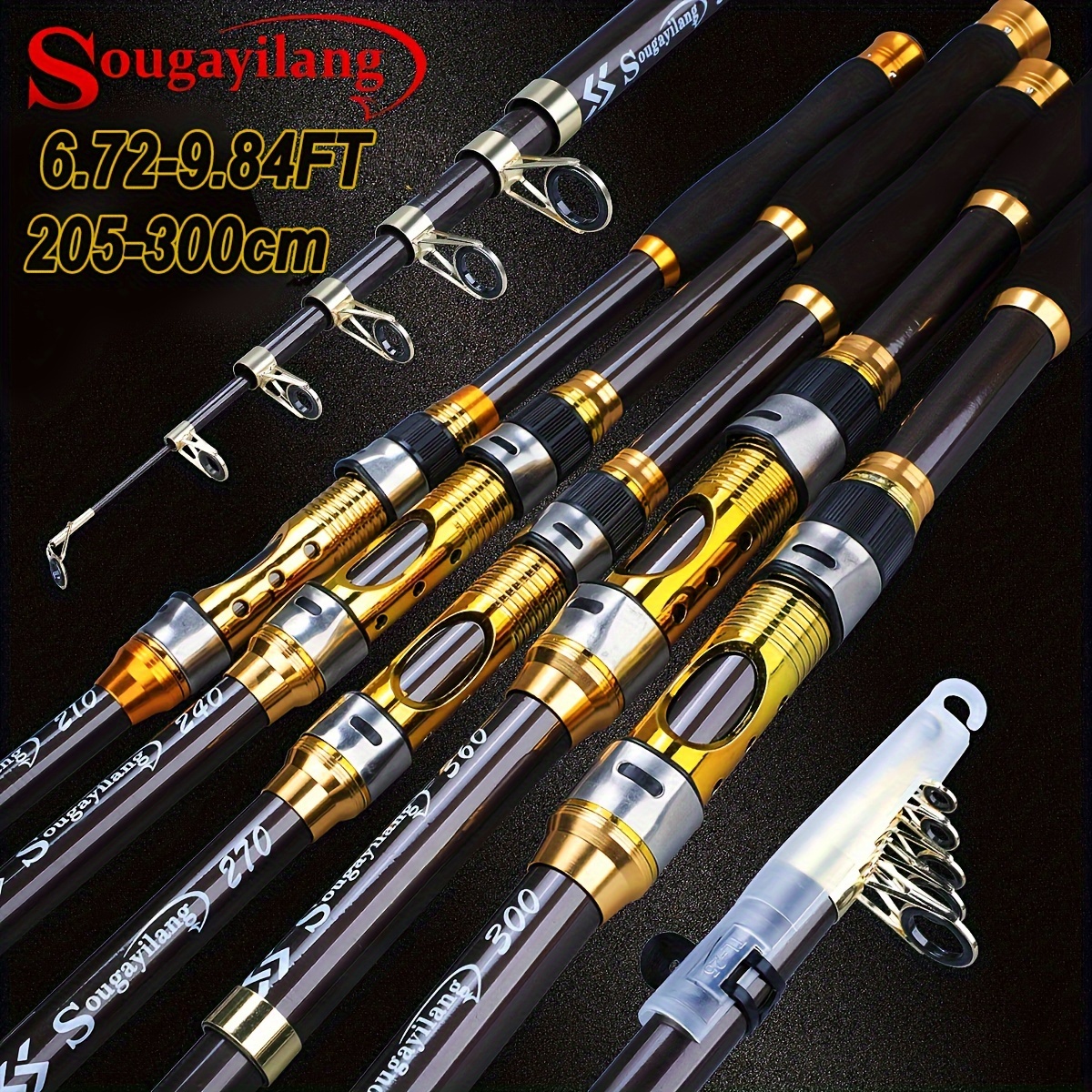 

Sougayilang Beginner's Telescopic Fishing Rod - 6.82ft To 9.67ft, Golden Carbon Fiber, Medium Action For Freshwater & Saltwater, Sougayilang