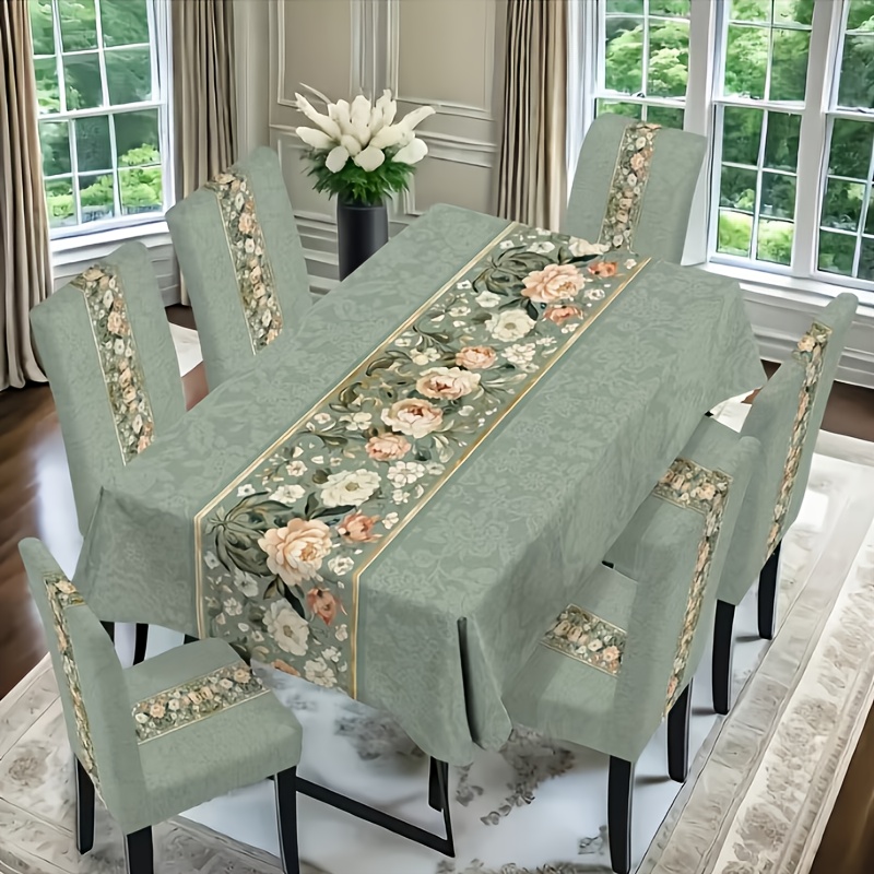 TEMU [ ] 5pcs Set / 7pcs Set French Retro Tablecloth And Chair Cover Set With Stylish Prints, High-end, Fashionable, Easy, And Luxurious Tablecloth