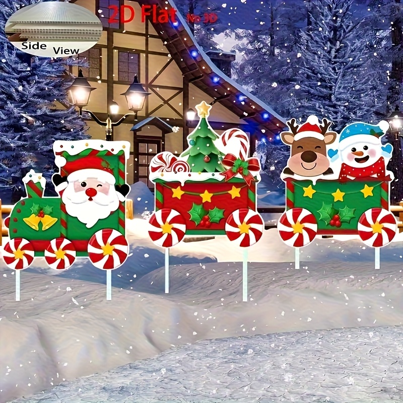 TEMU Ensemble de 3 panneaux 2D plats pour les fêtes et Noël - piquets en bois extérieurs avec Père Noël, et de neige, décorations durables en
