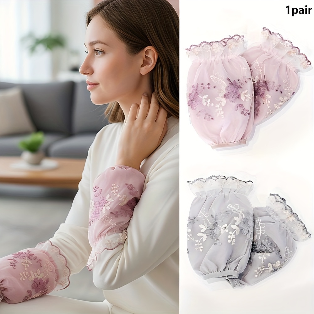 1 pair womens elegant floral lace sleeve cuffs double layer breathable mesh with   edges soft pink white pastel colors delicate fabric design sophisticated style hand wash only lace trim details versatile fashion accessory for casua Product details 1