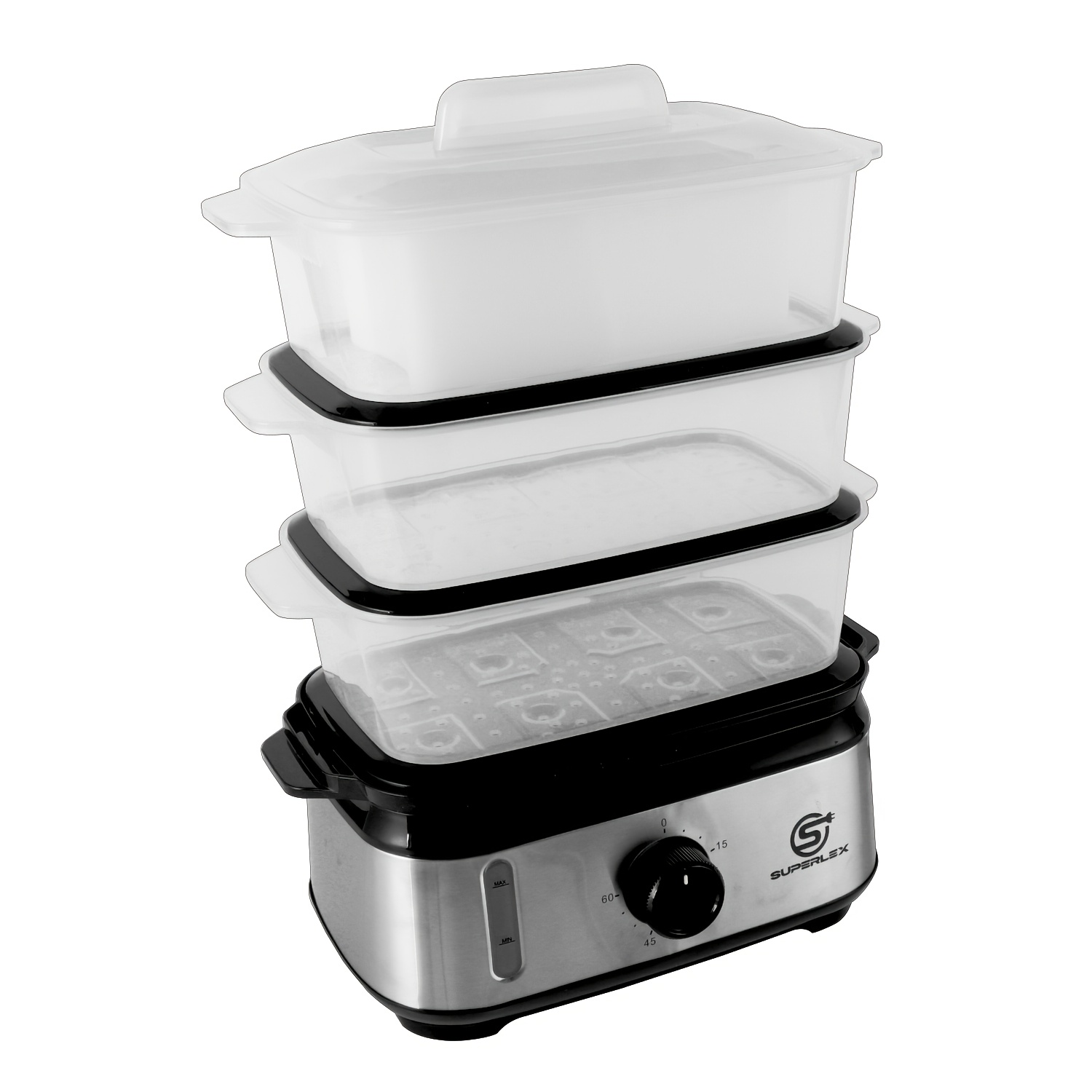 TEMU Superlex 3-tier Food Steamer 9l Capacity 950w Energy Efficient Electric Steamer For Healthy Cooking 60 Min Timer Easy Refill & Clean Stackable