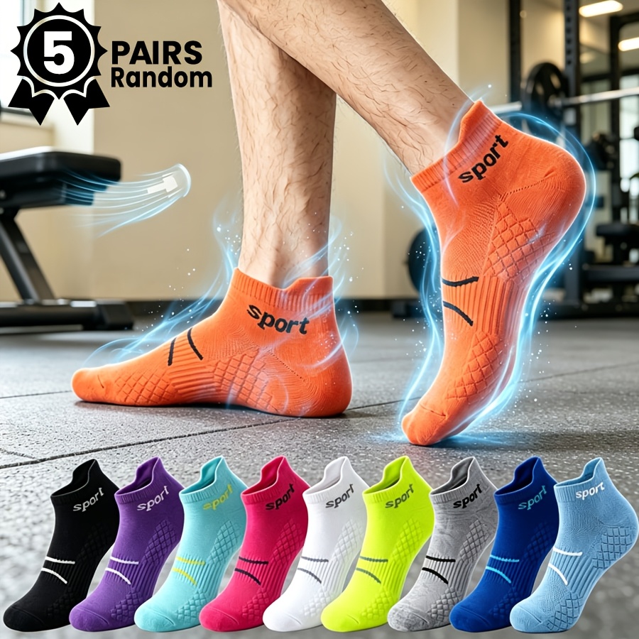 TEMU 5-pair Random Men's Athletic Ankle Socks, Breathable Mesh, Sweat-absorbent, Anti-slip, High-elasticity, , Reinforced Heel And Ankle Support,