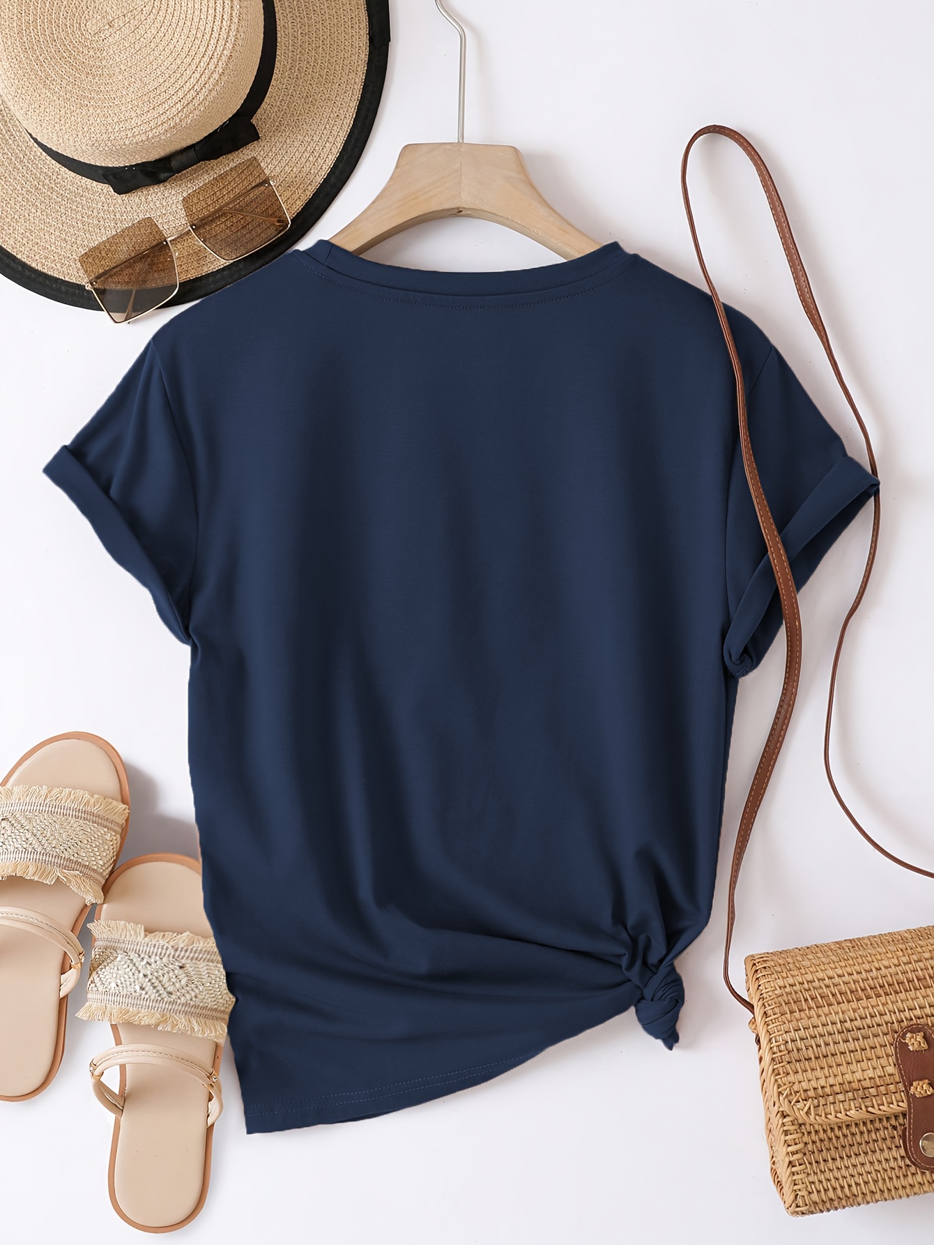 Casual Crew Neck Short Sleeve T-Shirt, Women'S Polyester Basic Round Neck Pullover, Heart Butterfly Pattern, with Slight Stretch, Regular Length and H Fit