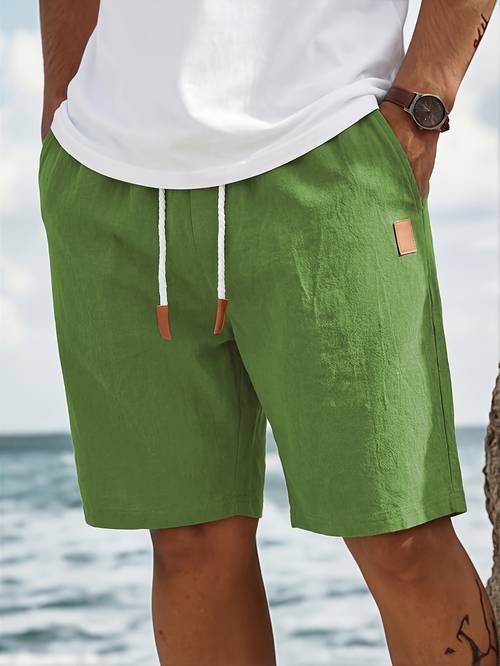 mens linen shorts summer shorts with drawstring pockets elastic waistband solid color comfortable and breathable casual daily vacation style