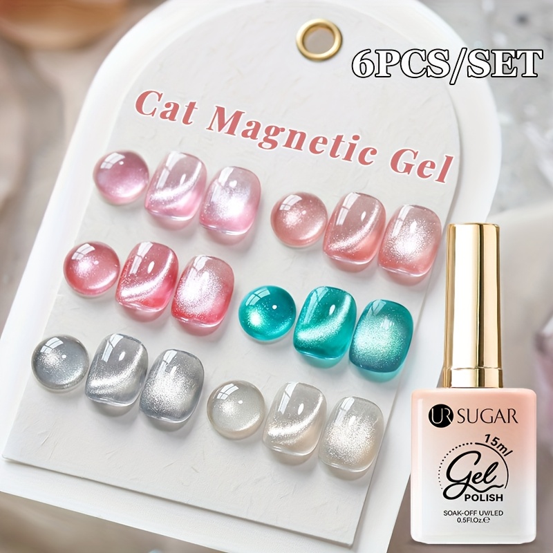 TEMU Ur Sugar 6pcs 15ml Cat Magnetic Nail Gel Polish White Glitter Reflective Gel Soak Off Semi-permanant Gel Varnish Nail Art