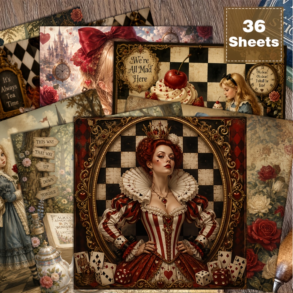 TEMU 36 Sheets 6x6 Inches Dark Academia Style Paper, Vintage Party Handmade Cardstock, Cat And Pocket Watch Prints, For Scrapbooking, Art Journaling,