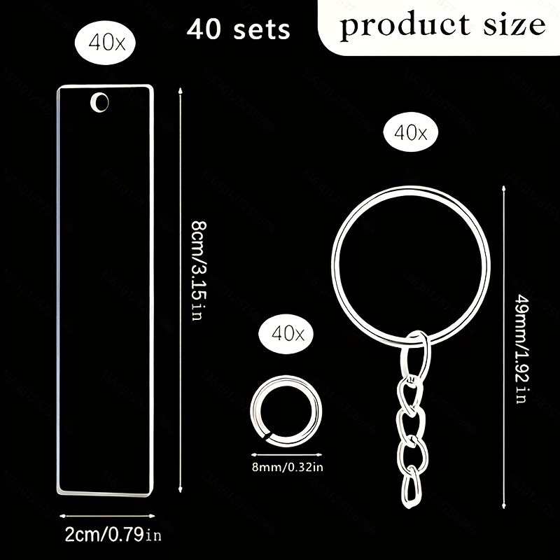 Image of 2d Flat, 40sets (40 Boards, 40 Keychains With Chains, 40 Small Rings) 2d Rectangular Acrylic Blanks For Making Keychains Diy Craft Keychain Accessories Blank Acrylic Key Rings
