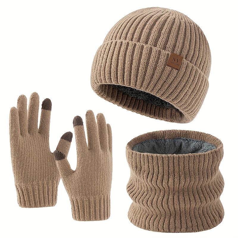 Ensemble 3 pièces NY Chapeau Tricoté Lettre, Écharpe & Gants - Haute Élasticité, Doublure Polaire, Chaleur Hivernale Épaissie, Design Sans Capuche, Cyclisme Sportif Décontracté Extérieur, Ski, Gants Tactiles, Vêtements d'Hiver