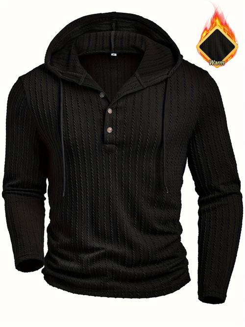 item picture mens fashion casual textured solid color long sleeve hooded drawstring button henley shirt for autumn and winter