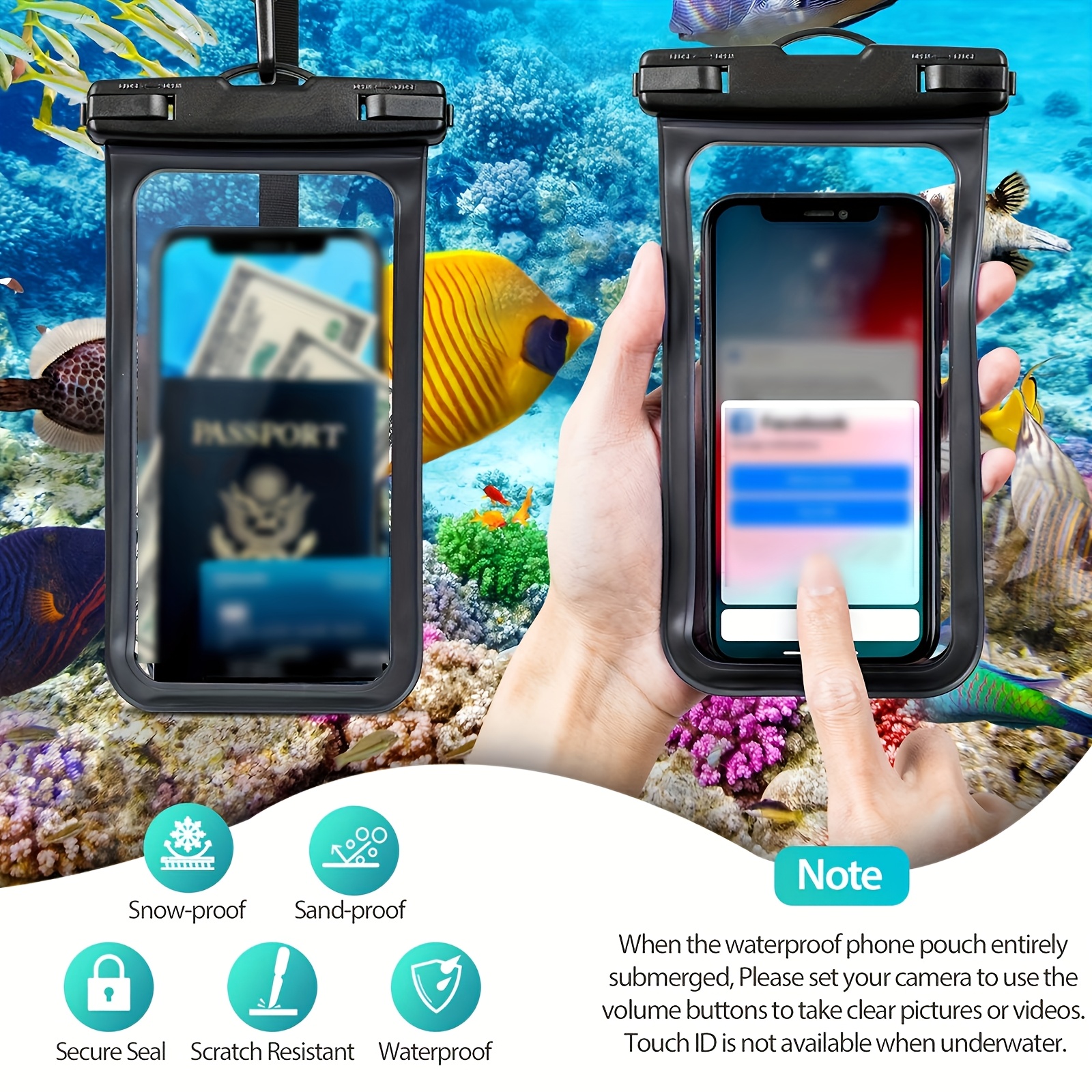 2 waterproof phone pouches, waterproof phone cases for iPhone 15 14 13 12 11 Pro Max, also for phone models under 7 inches