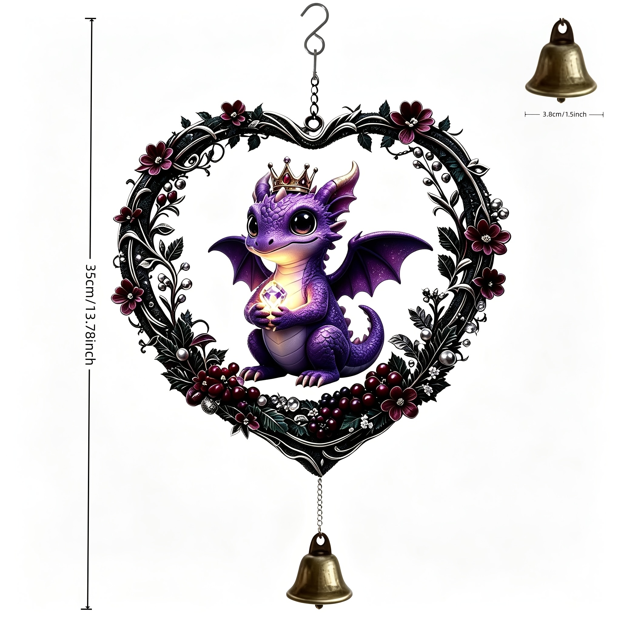 TEMU Pendentif carillon éolien en cuivre simple, dragon violet, avec couronne de cadre de cœur et , idéal pour les rebords de fenêtres intérieures,