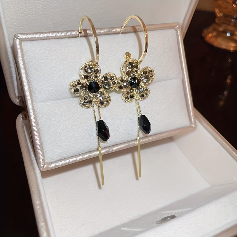 TEMU 1 Paire de Boucles d'Oreilles Vintage Gunmetal Gunblack à Pampilles Géométriques Fleuries avec Longues Pendantes, Idéales pour un Usage & Style