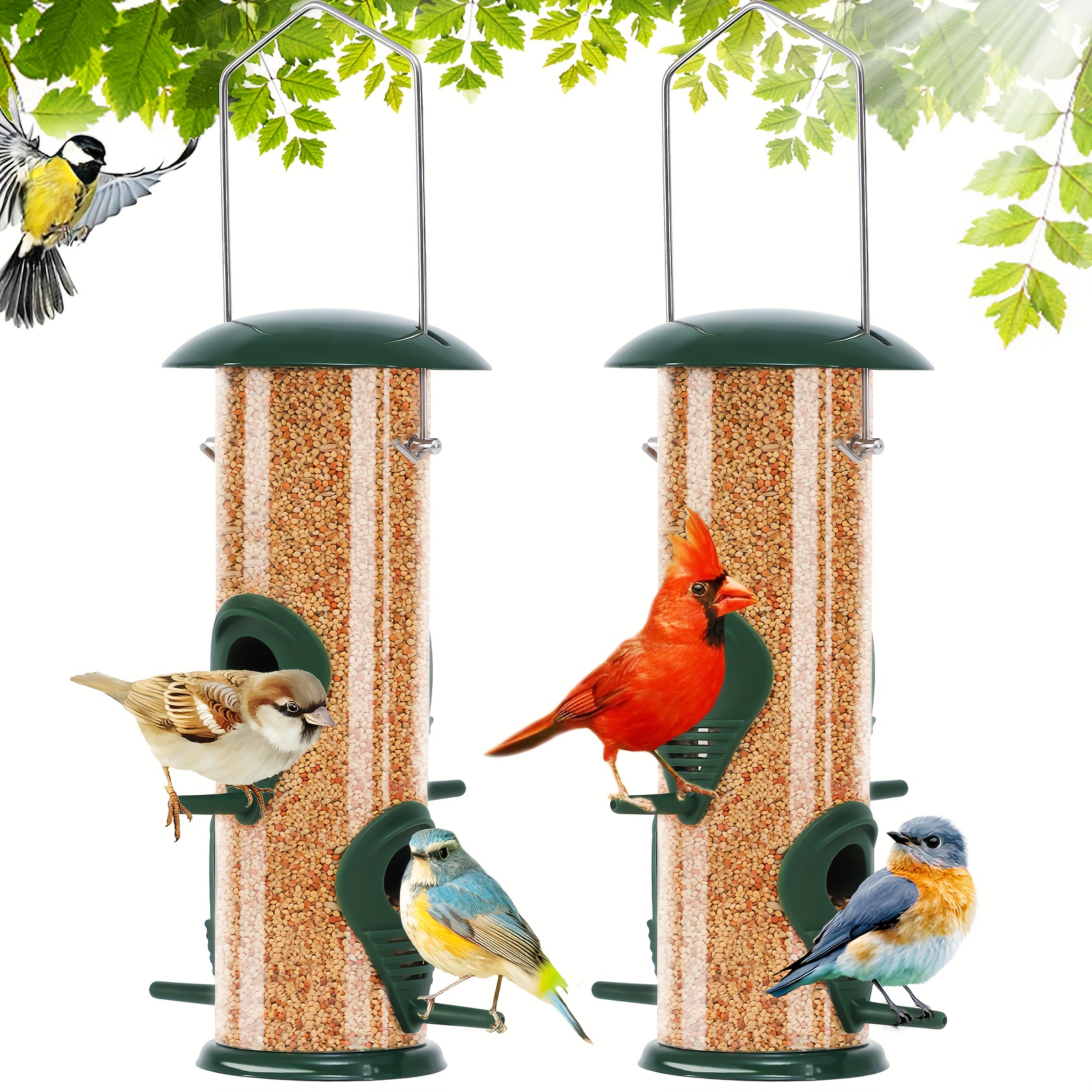 

2 Pack Tube Bird Feeders For Outdoors Hanging, 8.5 Inch, 4 Ports, Premium Hard Plastic Finch Feeder Rust-proof, Heavy Duty Metal Lid And Base Gifts Wild Bird Feeders Green