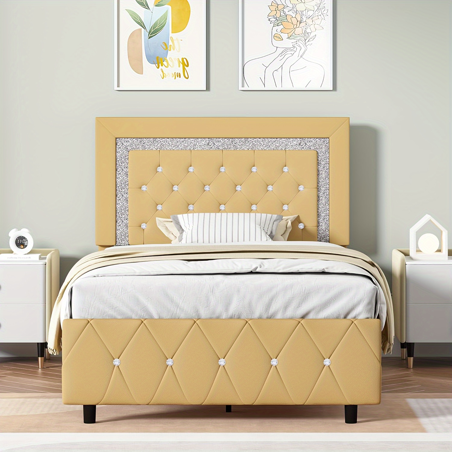 

Twin Size Bed Frame, Upholstered Platform Bed With Button Tufted Headboard, Princess Platform Bed With Diamond Design, Wooden Slats Support, No Box Spring Required, Easy Assembly, Pearly Yellow