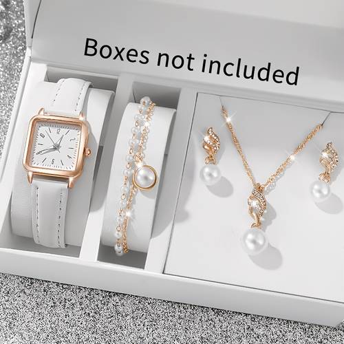 conjunto de reloj de cuarzo de lujo y joyería para mujer - 5 piezas, correa, de aleación, elegante esfera cuadrada con marcas numéricas, piezas de perlas, batería de botón no recargable - set de regalo ( s no incluidas)