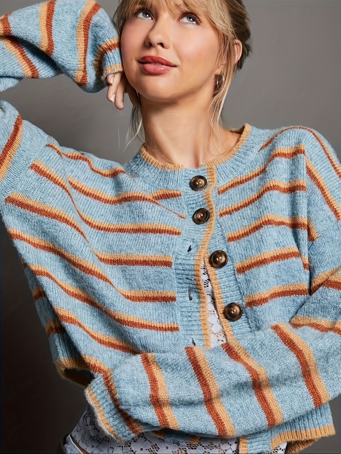 elegant striped cardigan women crew neck button sweater Temu Italy