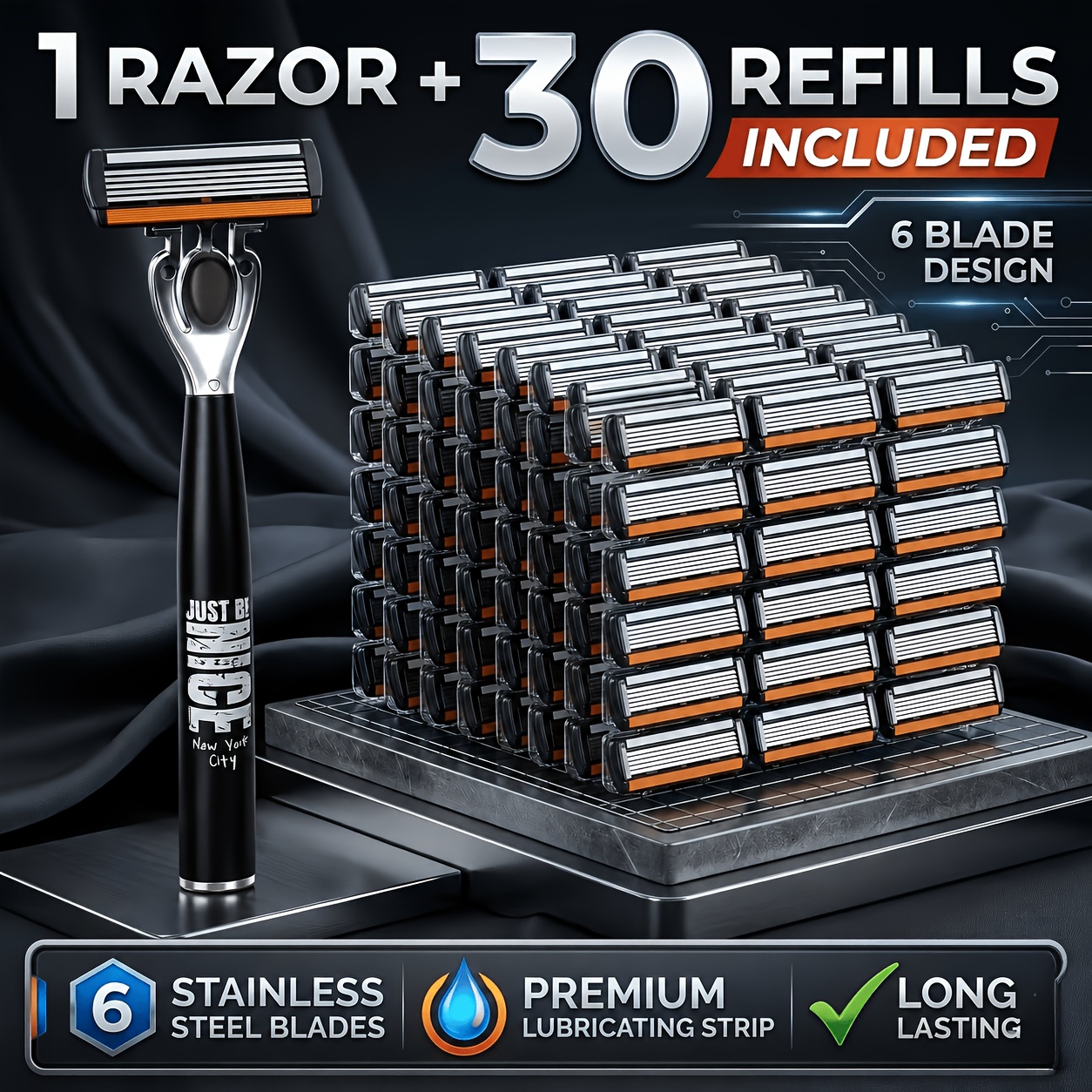 TEMU 1 Black Nice Handle 30 Replacement Blade Heads, Dual Lubrication Strips, 6-layer Manual Shaving Kit | High- , Design, Portability, Unisex Manual